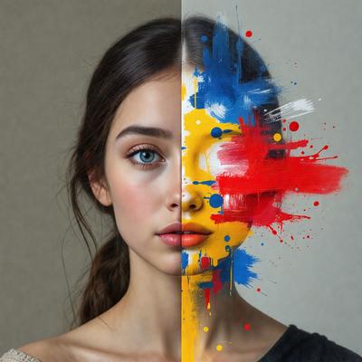 The primary subject of the image is a woman with a unique and artistic appearance. She has a yellow and blue face painted on her, giving her a vibrant and creative look. The setting is a close-up of the woman's face, with the background being a plain wall. The visual style of the image is a combination of photo and digital art, as it captures the woman's face with a painted design. The colors and mood of the image are lively and energetic, as the woman'